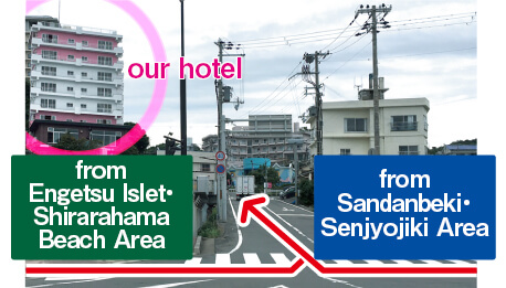 When you turn left or right from each direction, it will be slightly uphill. You will see our hotel Mu on your left side.