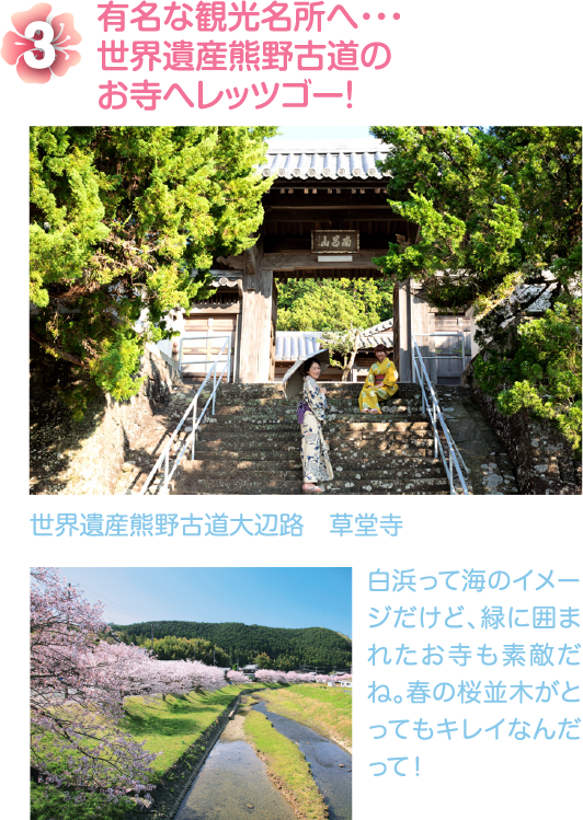 有名な観光名所へ・・・世界遺産熊野古道のお寺へレッツゴ〜！世界遺産 熊野古道大辺路 草堂寺 白浜って海のイメージだけど、緑に囲まれたお寺も素敵だね。春の桜並木がとってもキレイなんだって！